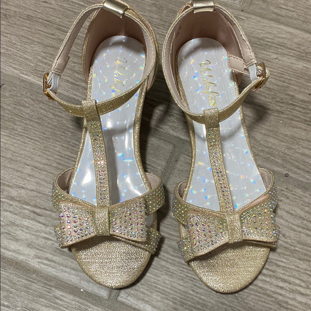 Gold T-Strap Sandals with Bow Detail